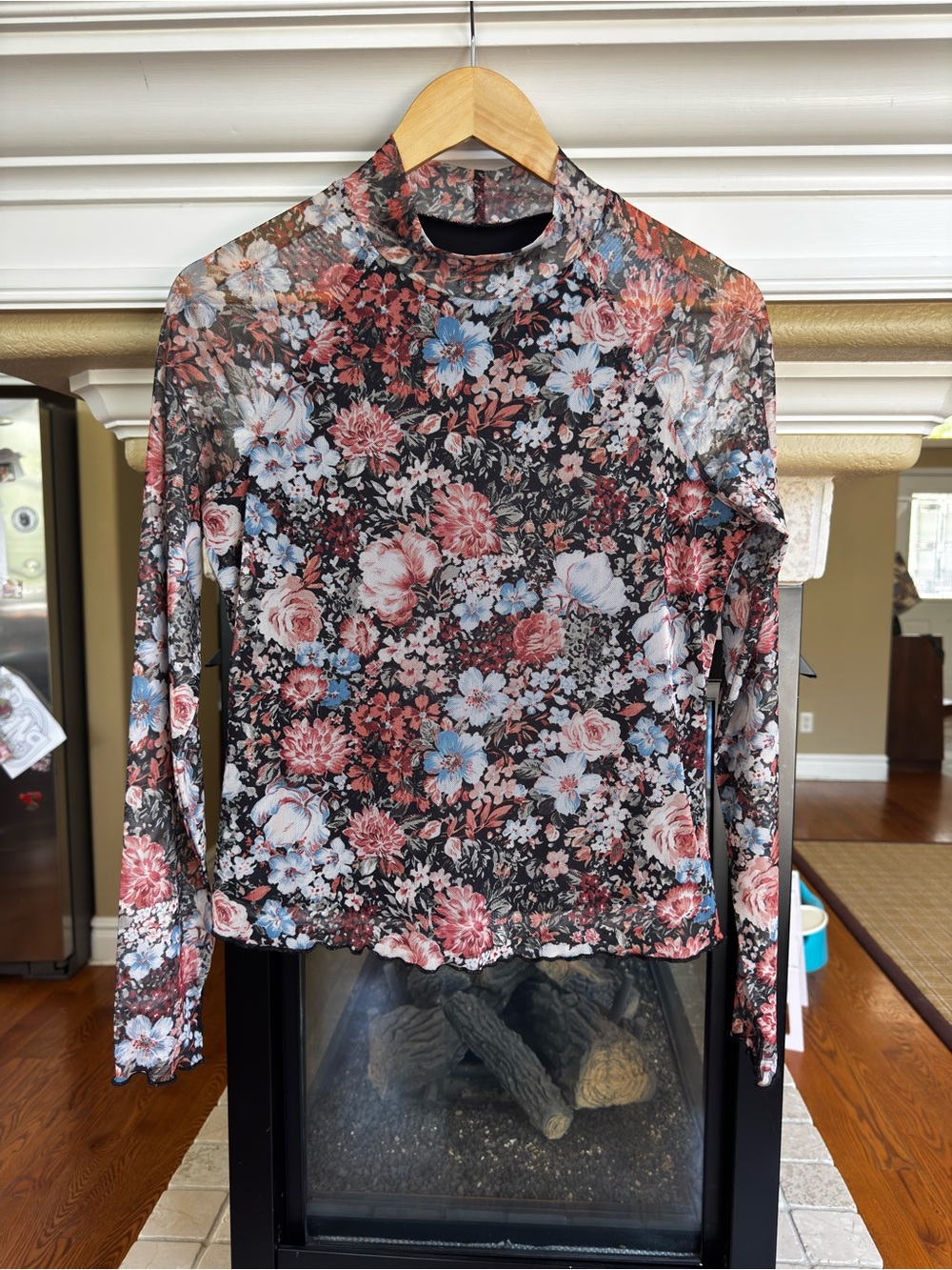 Dealmore Black Floral Mesh Sheer Long Sleeve Top Romantic Dark M